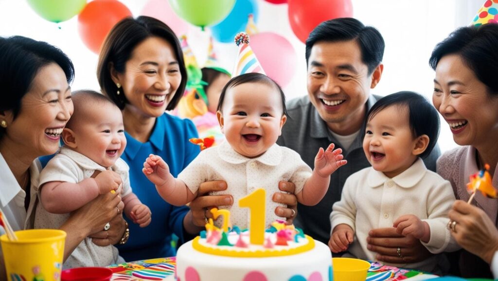 寶寶的一歲生日派對,家人圍坐在一起,滿臉笑容,背景裝飾有五顏六色的氣球和蛋糕,洋溢著溫馨歡樂的氣氛。