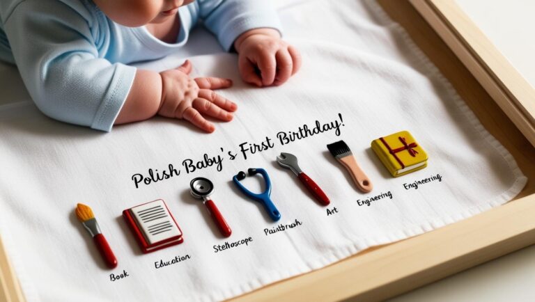 波蘭一歲生日占卜遊戲場景，寶寶趴在布上，面前擺放象徵不同未來的物品，如書本、畫筆和聽診器，展現家庭對孩子未來的美好期待與文化傳統。