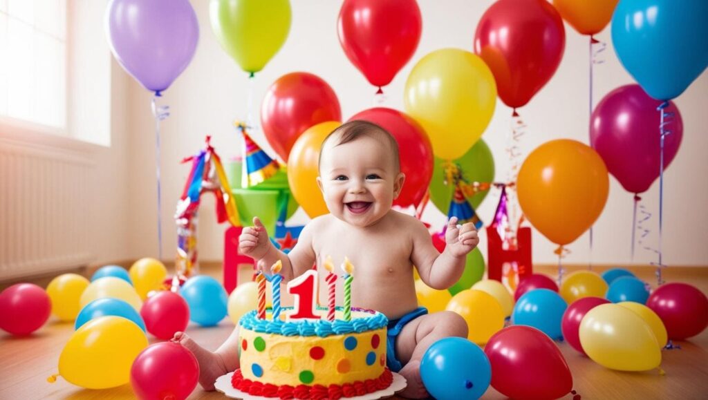 可愛寶寶坐在生日蛋糕前,背景佈滿彩色氣球,洋溢著歡樂的美國一歲生日派對氛圍,象徵著成長的喜悅與祝福。