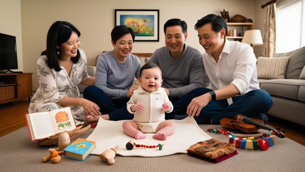 家庭成員圍坐在家中與寶寶互動,在家自辦抓周儀式氣氛溫馨自然