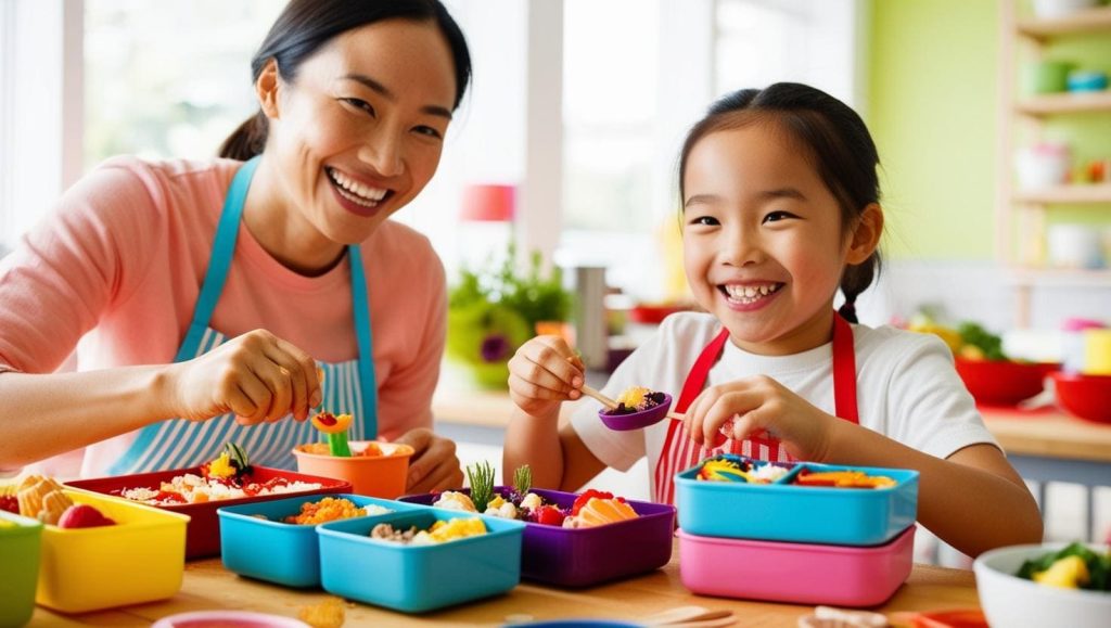 媽媽與小女孩一起參加親子食物藝術課程,共同完成創意便當裝飾,享受親子共創時光