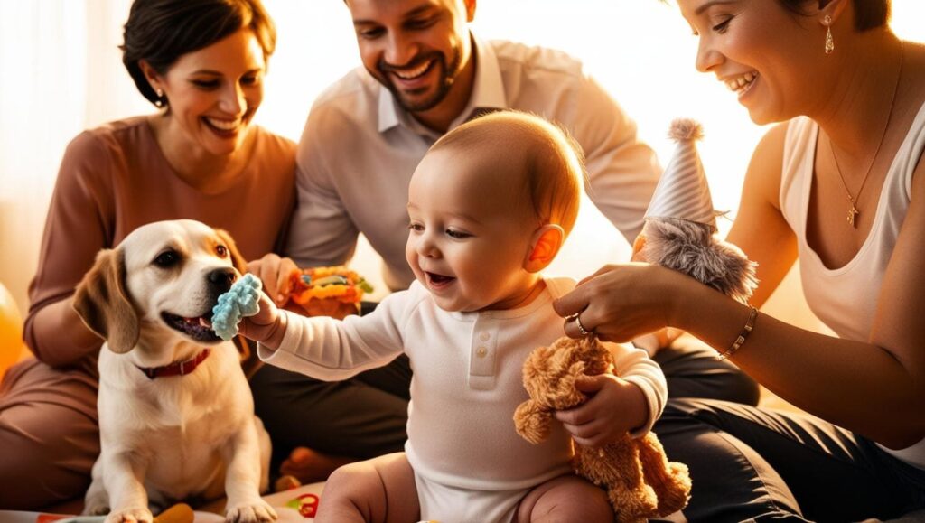 寶寶的一歲生日派對，家人圍繞著寶寶，寶寶手伸向抓周道具，寵物狗狗在旁邊陪伴，場景充滿家庭的溫馨與互動感。