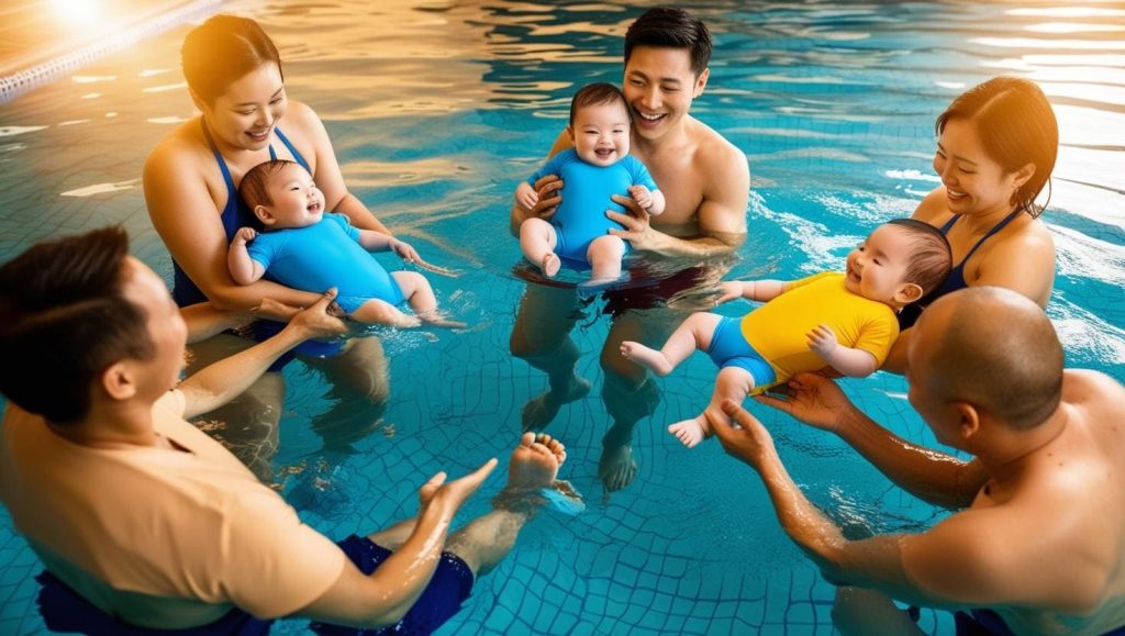 家長與寶寶在游泳池中享受親水時光，參加寶寶游泳課程，促進親子互動與感覺統合。