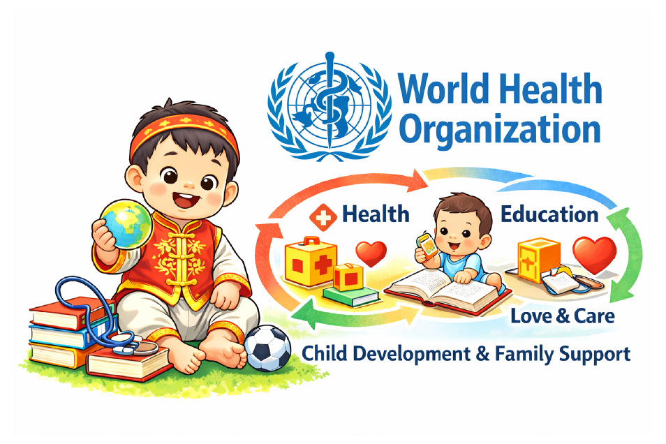 卡通風格寶寶插圖結合世界衛生組織標誌，說明健康、教育與家庭支持對兒童發展的重要性